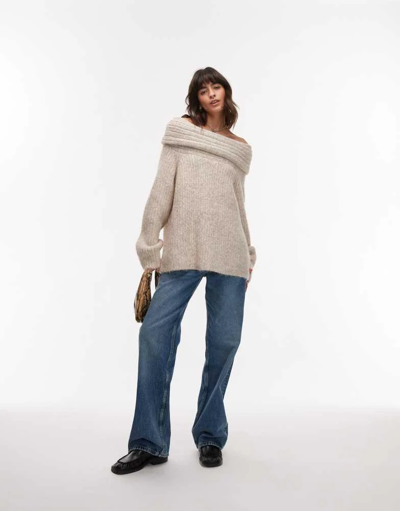 Topshop Topshop chunky off the shoulder oversized jumper in oat 4