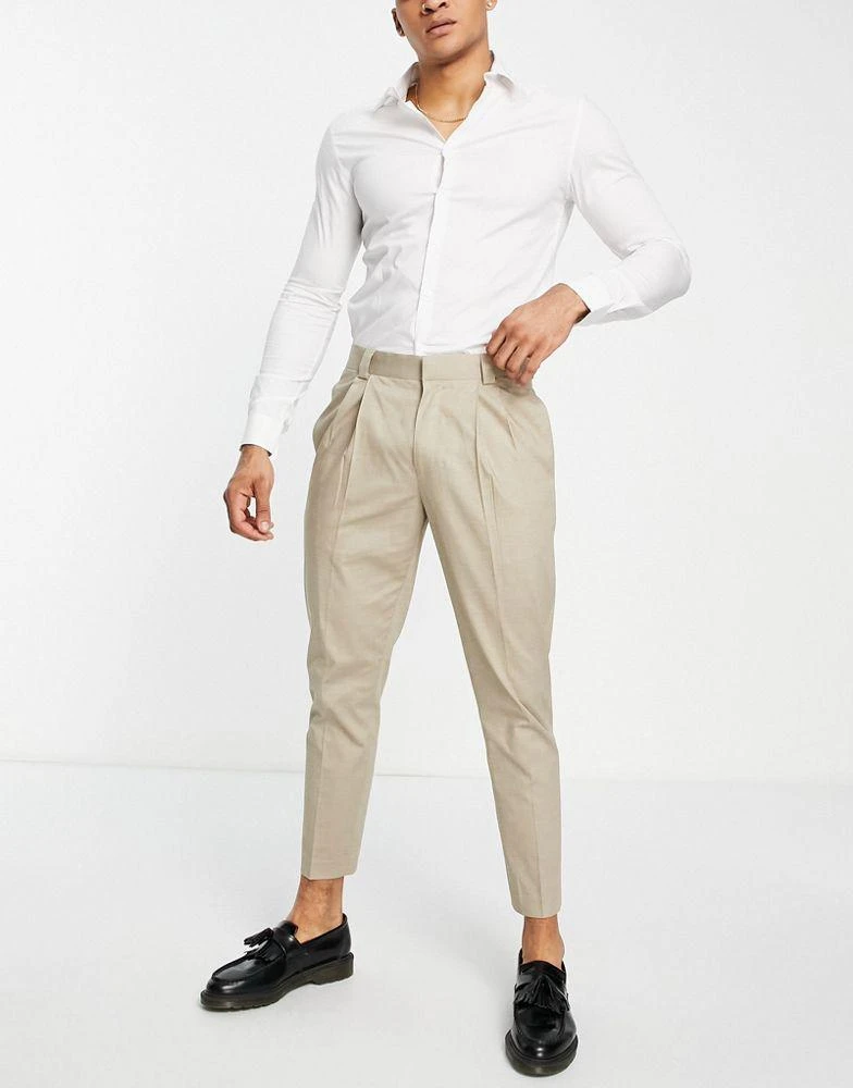Topman Topman linen blend mix tapered trousers in stone 4
