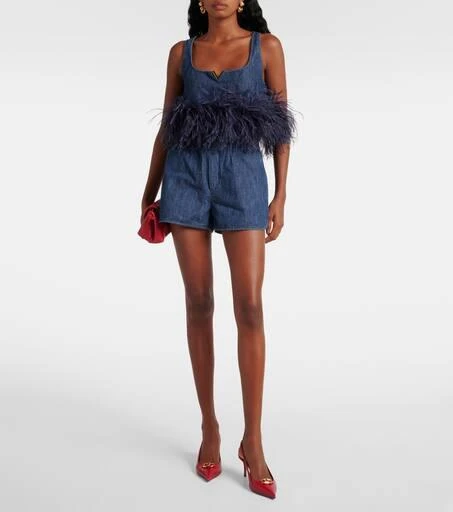 Valentino VGold feather-trimmed denim bra top 2