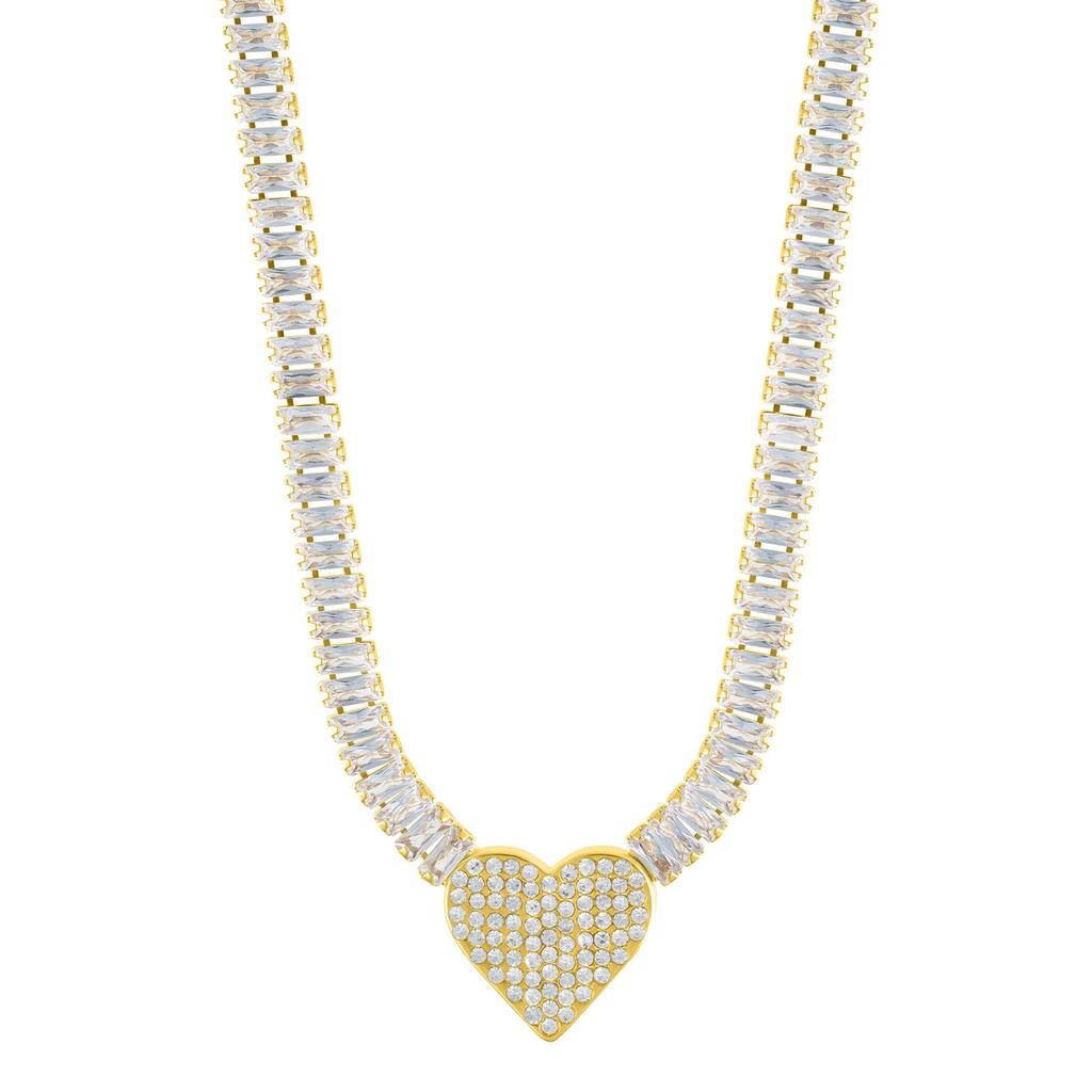 Adornia 14k Gold Plated Baguette Tennis Necklace with Pave Heart Pendant