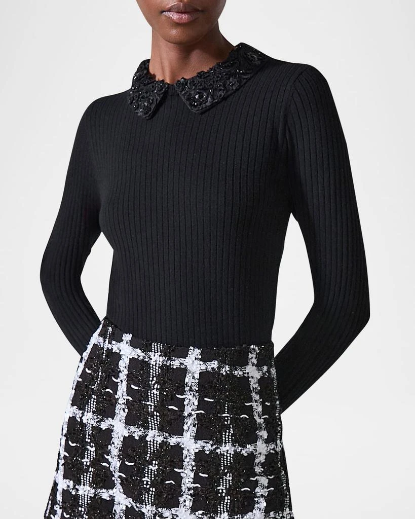 Carolina Herrera Removable Lace Collar Long-Sleeve Rib Sweater 6