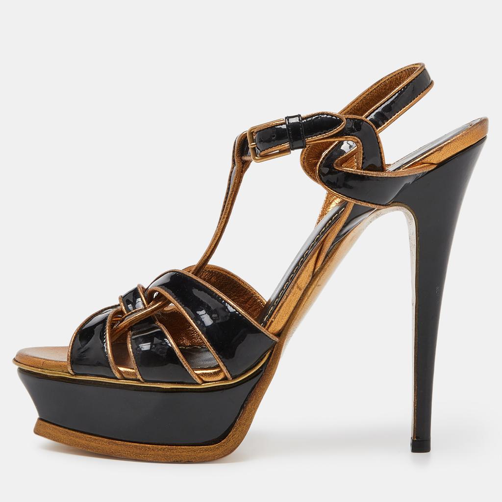 Yves Saint Laurent Yves Saint Laurent Black/Gold Patent Leather Tribute Platform Ankle Strap Sandals Size 39