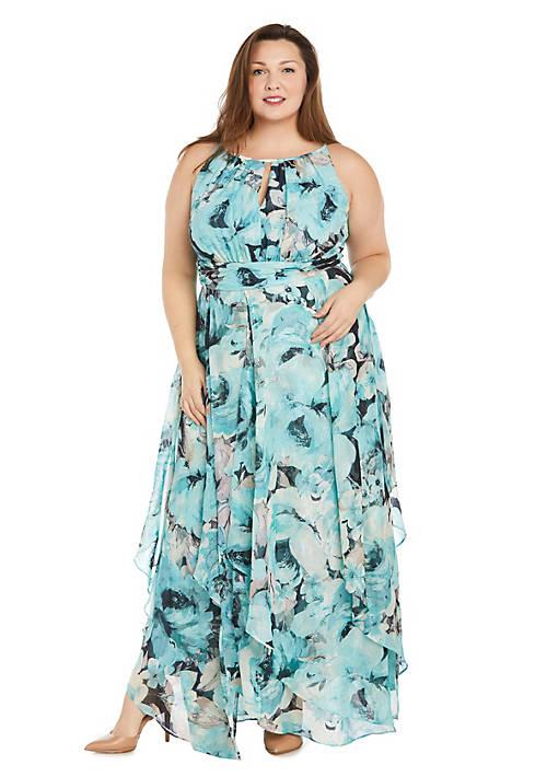 R & M Richards M Richards Long Printed Chiffon Halter Dress With Hankie Hemline Keyhole Front