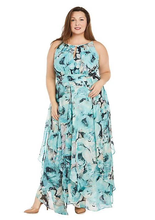 R & M Richards M Richards Long Printed Chiffon Halter Dress With Hankie Hemline Keyhole Front 1