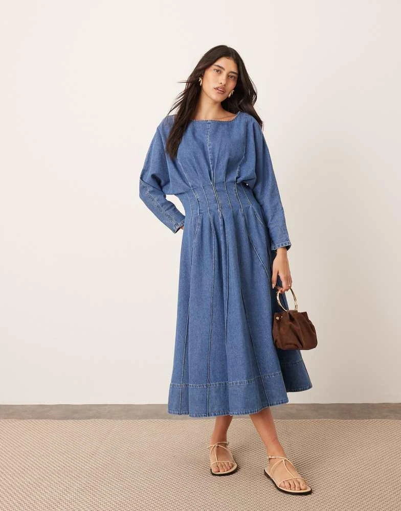 ARRANGE ARRANGE denim long sleeve midi dress with full skirt in mid blue 1