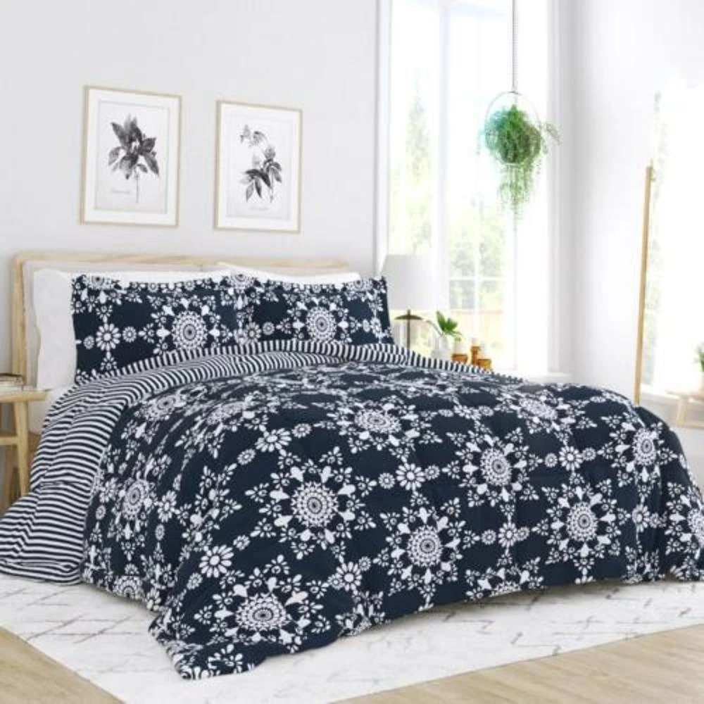 Hivvago Twin size 2-Piece Navy Blue White Reversible Floral Striped Comforter Set