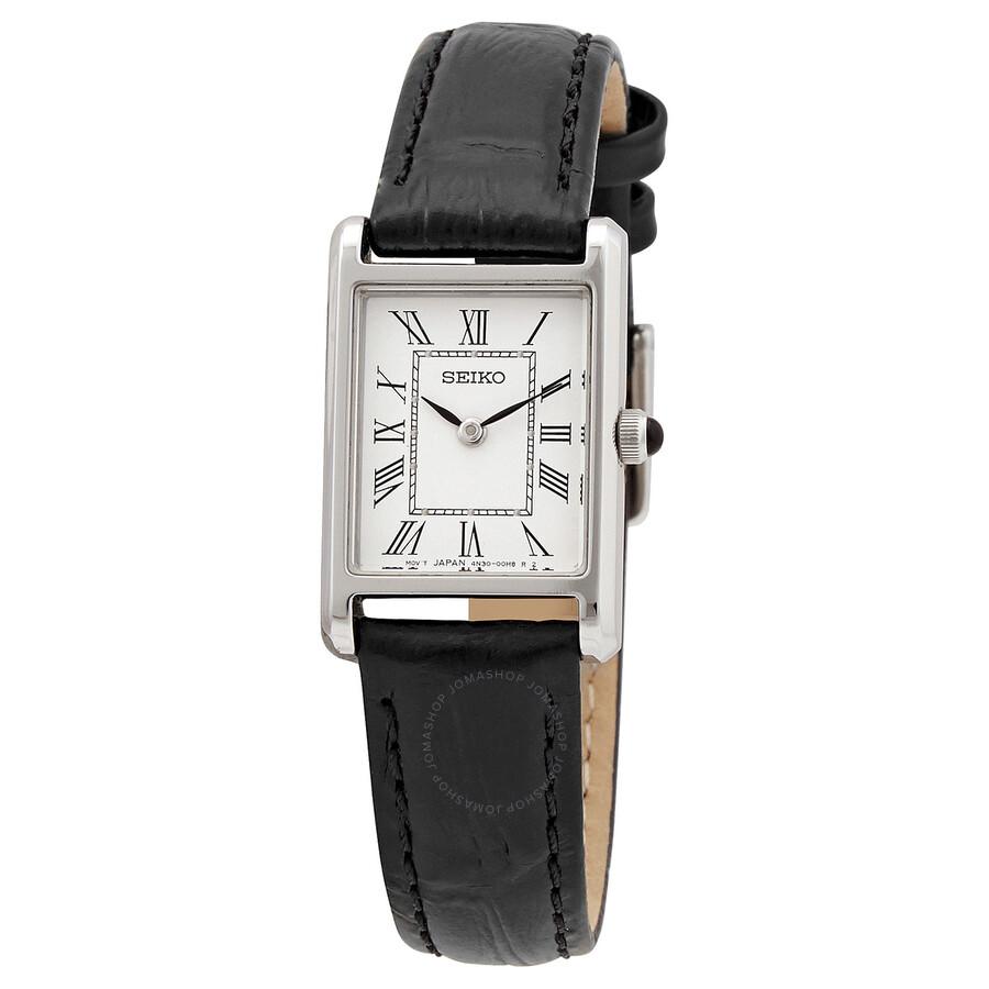 Seiko Quartz White Dial Black Leather Ladies Watch SWR053