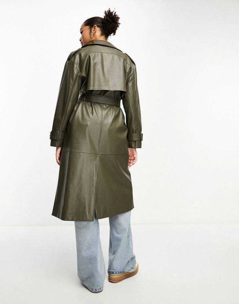Pull&Bear Pull&Bear belted faux leather trench coat in khaki 2