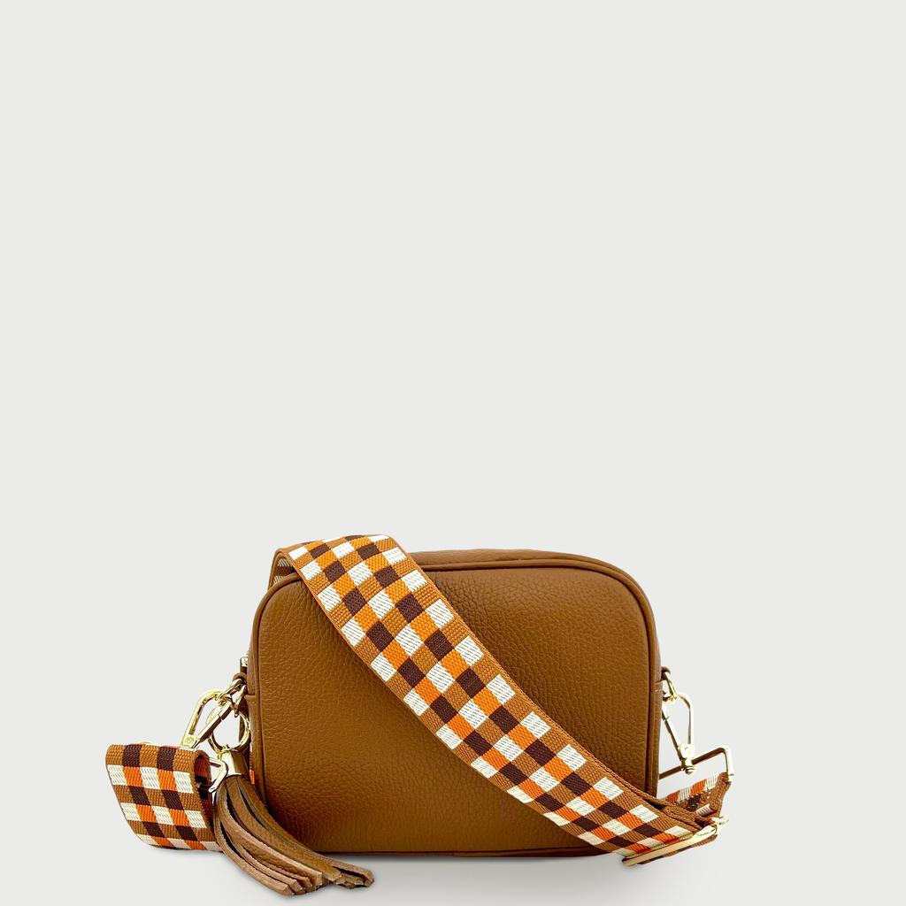 Apatchy London Tan Leather Crossbody Bag With Orange & Tan Check Strap