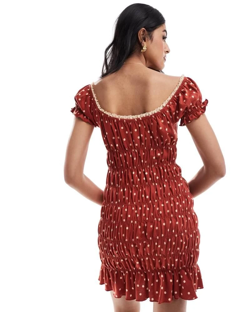 ASOS ASOS DESIGN polka dot shirred mini tea dress with tie front in red 3
