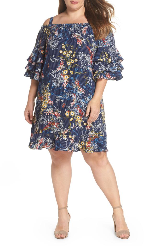 Gabby Skye Gabby Sky Floral Tiered Sleeve Off the Shoulder Dress