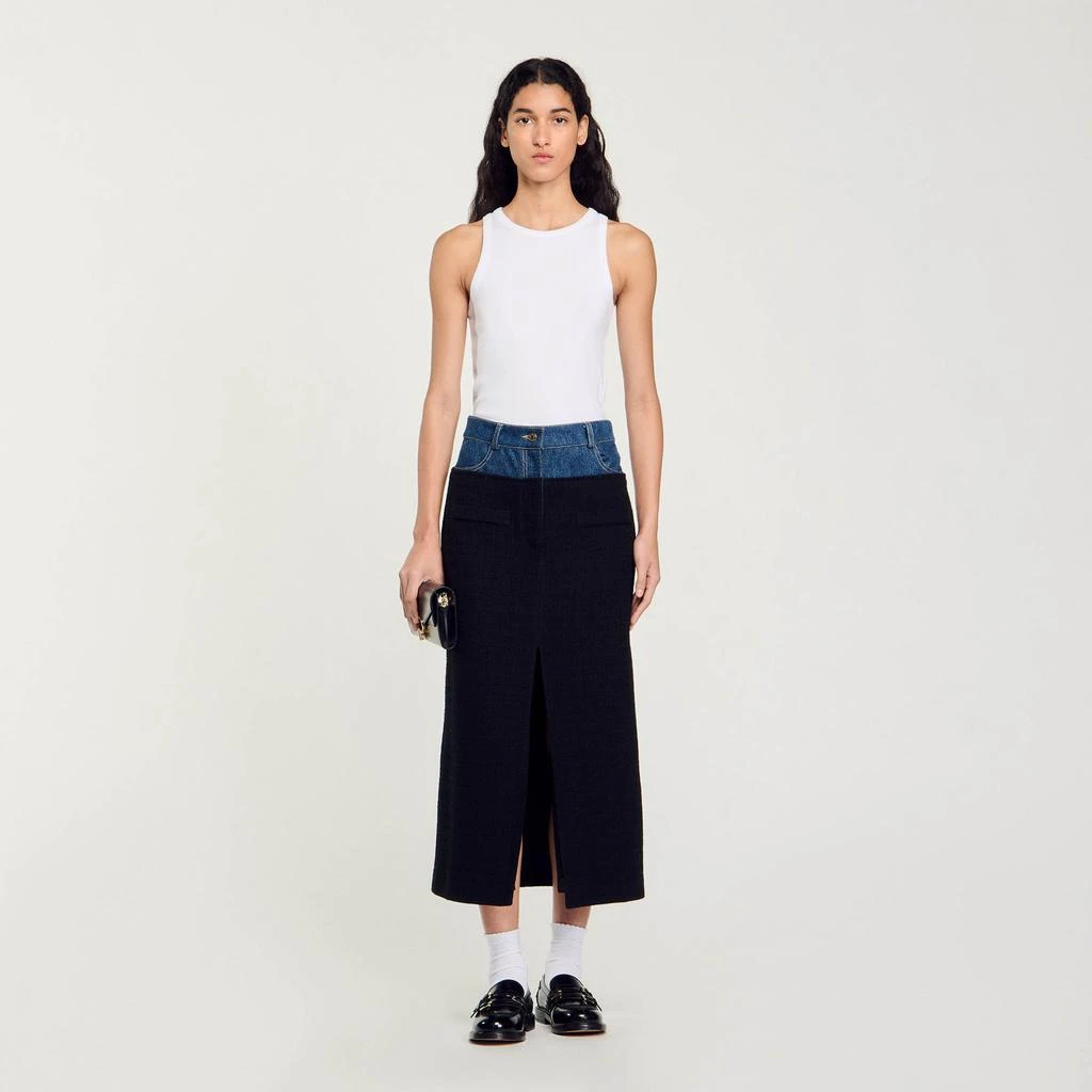 Sandro Dual-material denim and tweed skirt 1