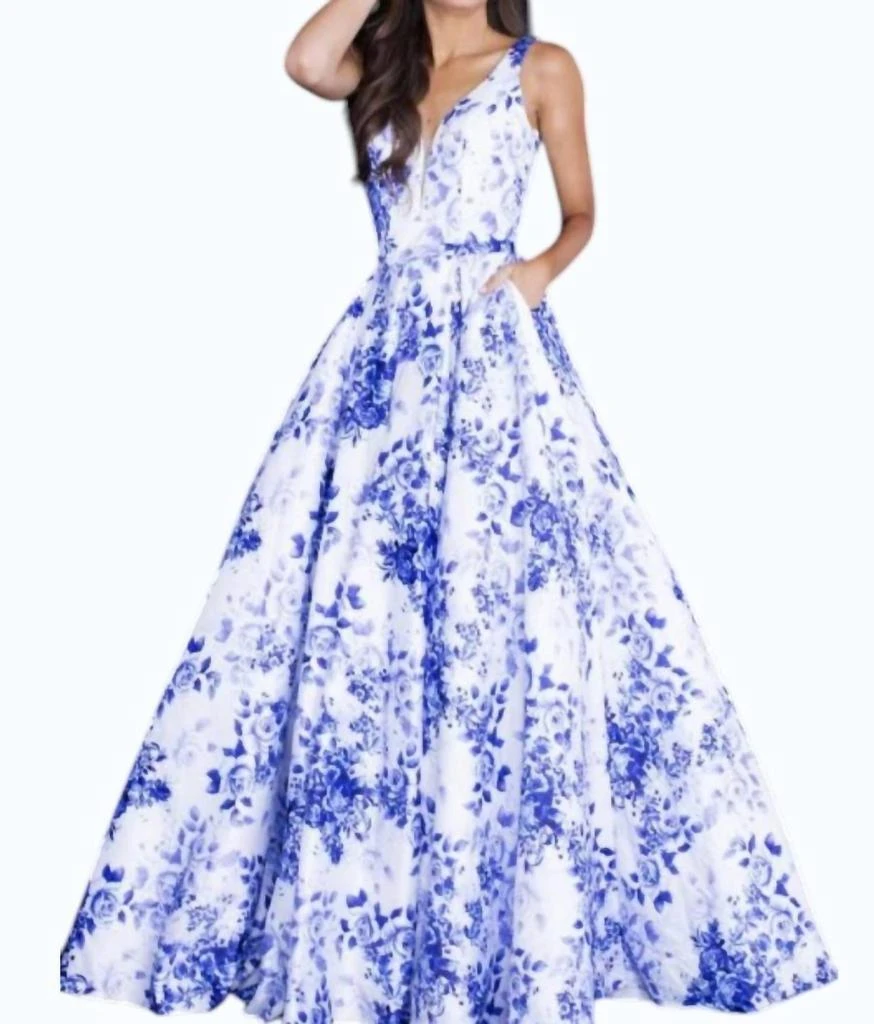 Jovani Jovani - V-neck Satin Ball Gown