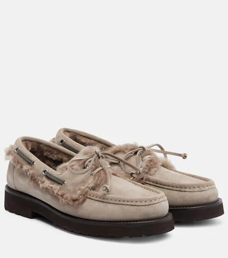 Brunello Cucinelli Monili shearling-trimmed suede boat shoes 1