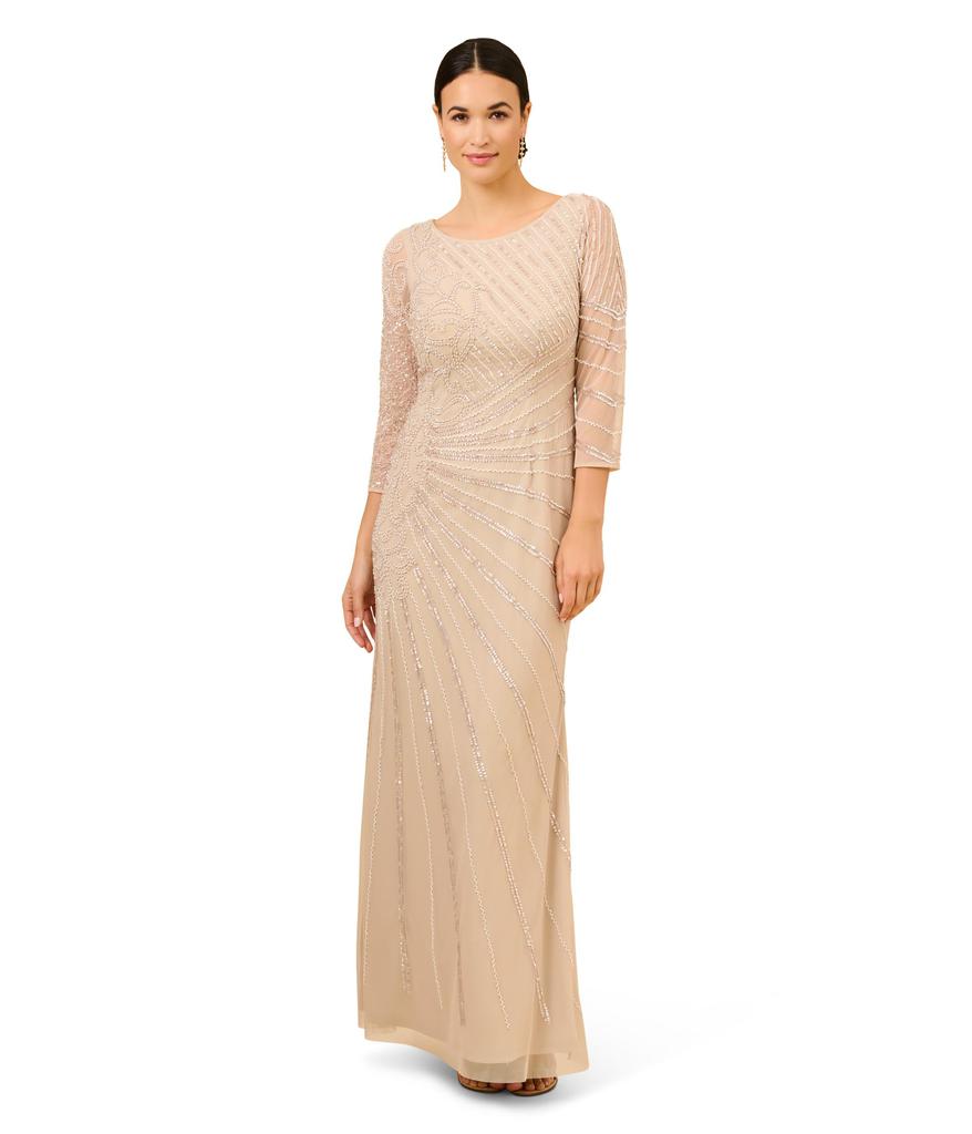 Adrianna Papell Long Sleeve Beaded Long Gown with Starburst Bead Pattern