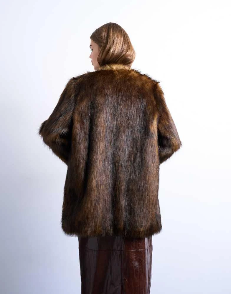 Shop Topshop faux fur collarless mid length coat in ginger on Sale