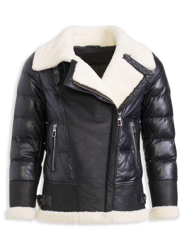 WOLFIE FURS Shearling Trim Leather Down Puffer Jacket