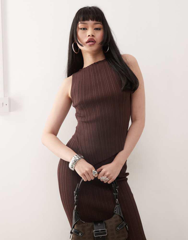 Princess Polly Princess Polly ribbed sleeveless asymmetric top and maxi skirt full set in chocolate