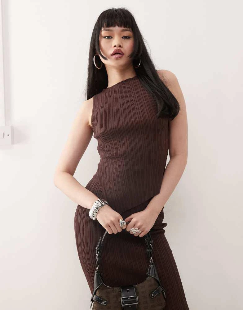 Princess Polly Princess Polly ribbed sleeveless asymmetric top and maxi skirt full set in chocolate 2