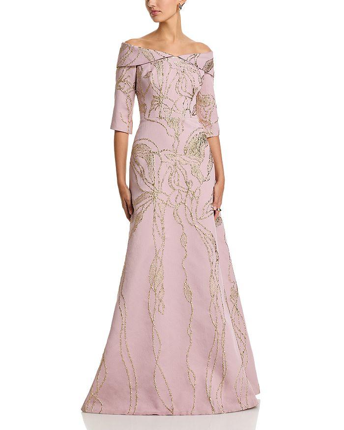 Teri Jon Jacquard Folded Off-the-Shoulder Elbow Sleeve Gown
