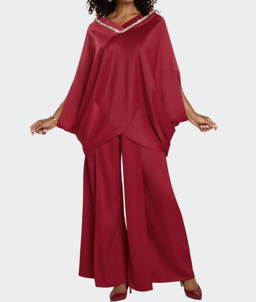 Donna Vinci Donna Vinci - Rhinestone Satin Crepe Tunic & Wide-leg Pant Set
