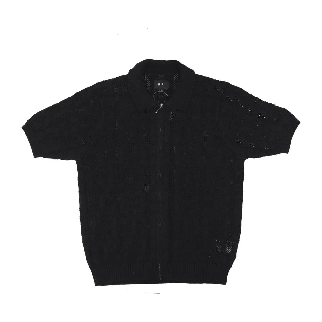 HUF Men's Short Sleeve Polo Monogram Jacquard Zip Sweater Black 1