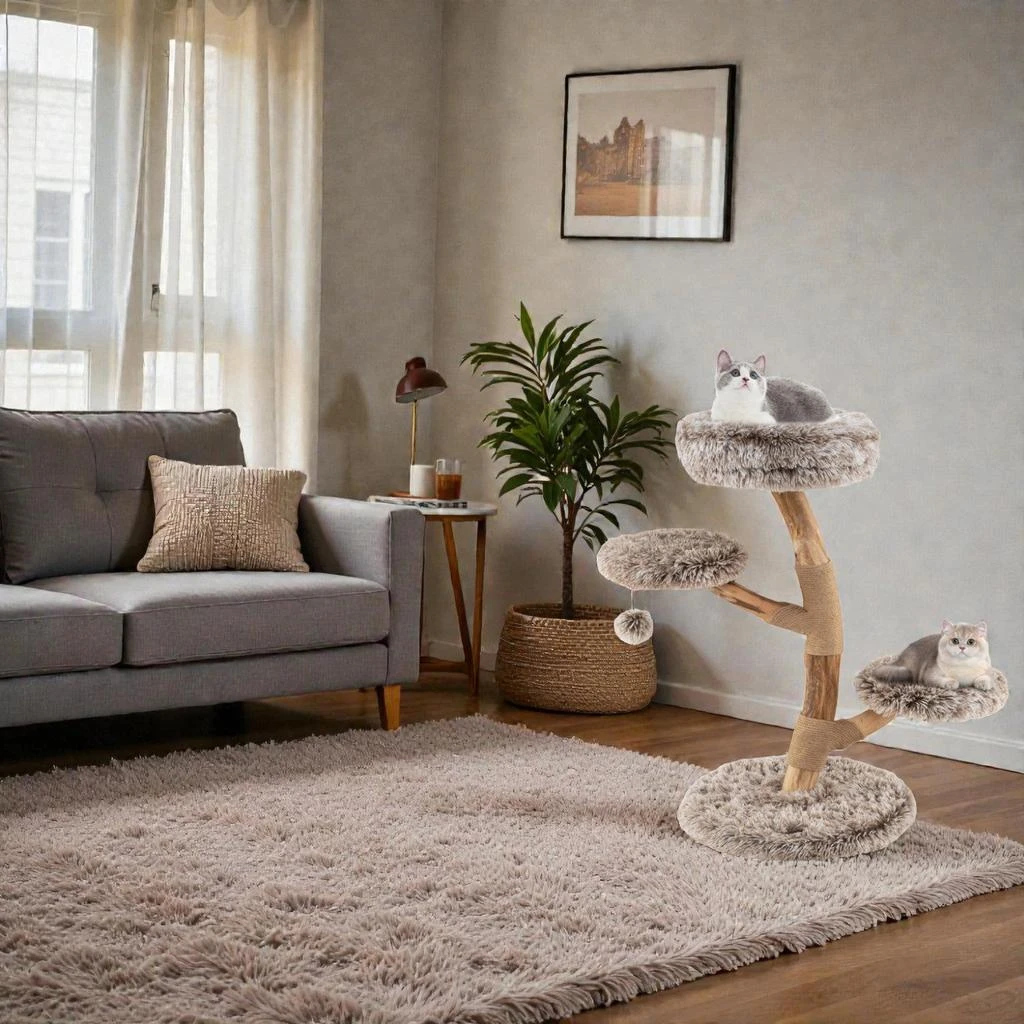 Hivvago Solid Pear Wood Cat Tower with Perch and Natural Jute Scratch Posts