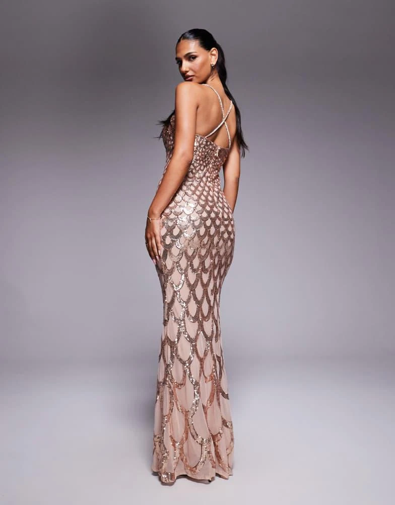 slim fit dress slacks Goddiva Sequin Square Neck Bodycon Midi Dress With Scalloped Hem