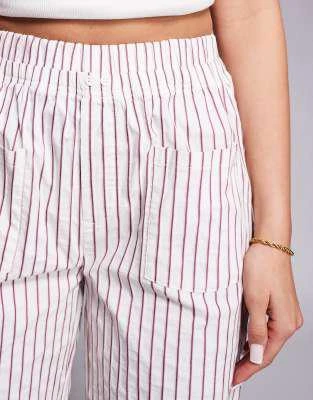 The Couture Club The Couture Club wide leg double layer stripe trouser in beige and burgundy 5