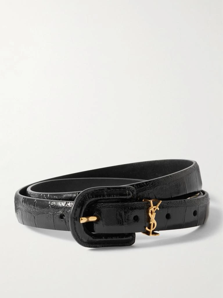 Yves Saint Laurent Cassandre Embellished Croc-effect Leather Belt