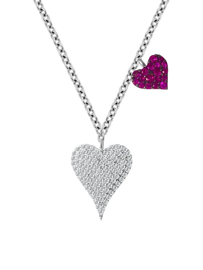 Meira T 14K White Gold Diamond 
Ruby Double Heart Pendant Necklace