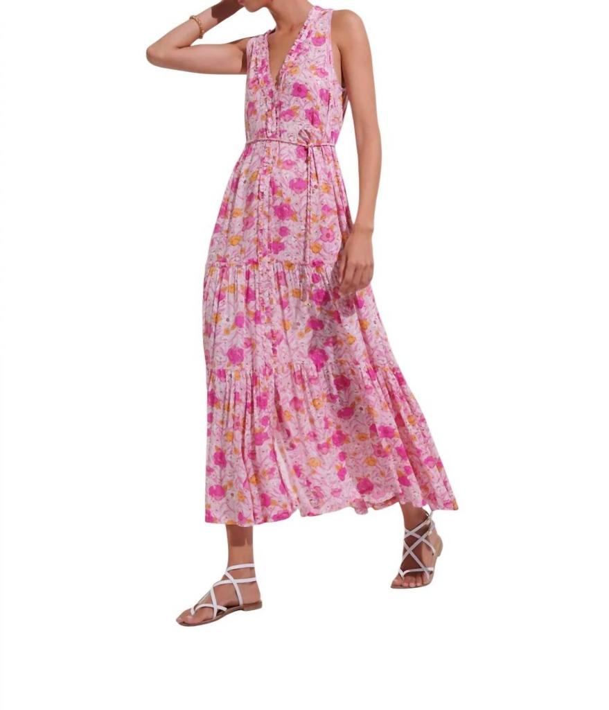 Poupette St Barth Nana V Neck Long Dress In Pink Petunia