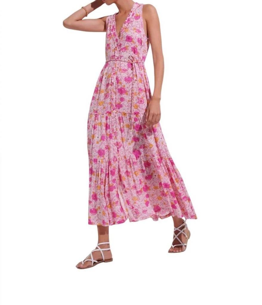 Poupette St Barth Nana V Neck Long Dress In Pink Petunia 1