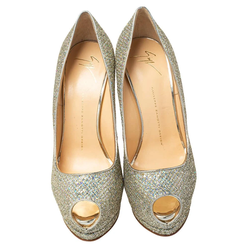 Giuseppe Zanotti Giuseppe Zanotti Silver Glitter And Leather Sharon Peep Toe Platform Pumps Size 40 3