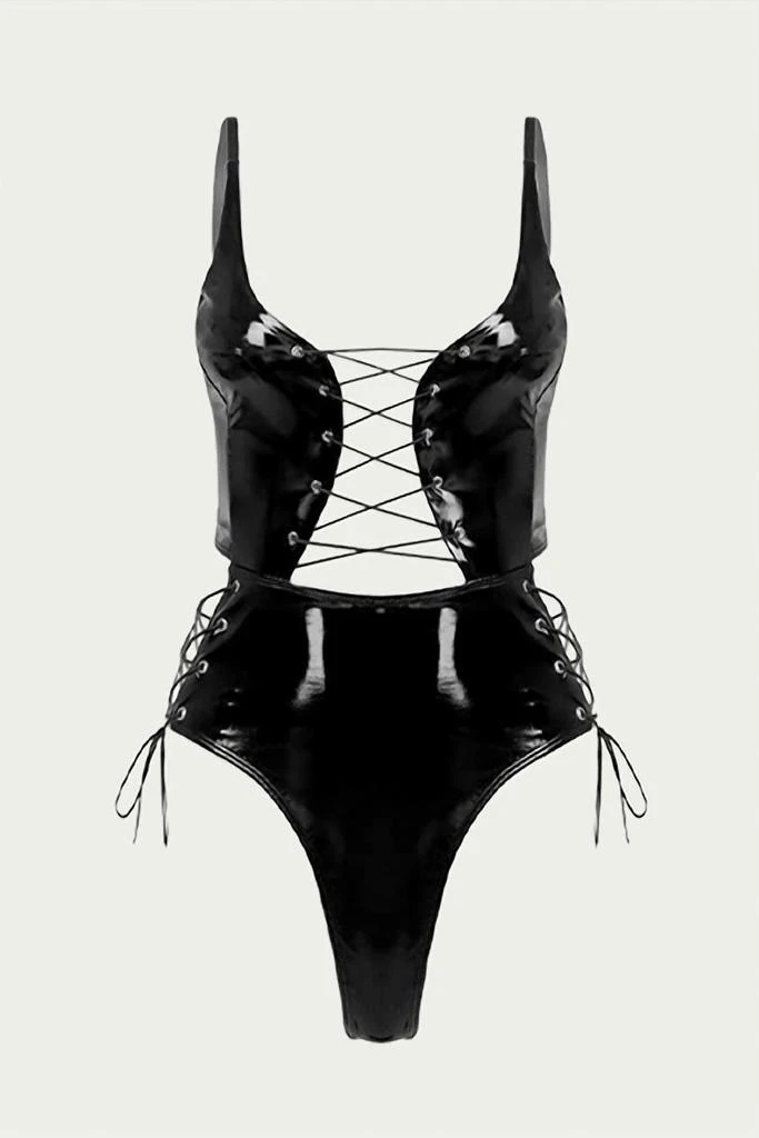FIREBODY Lace-Up Patent Leather Thong Bodysuit In Black