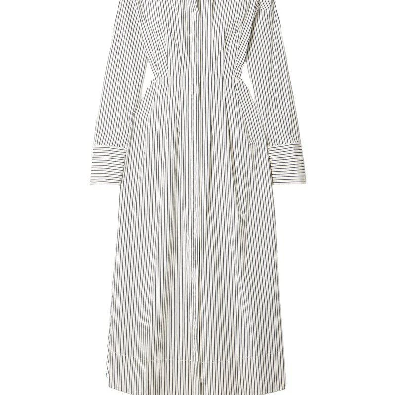 Staud STAUD Women's Midi Lorenza Dress, Ivory Micro Stripe 1