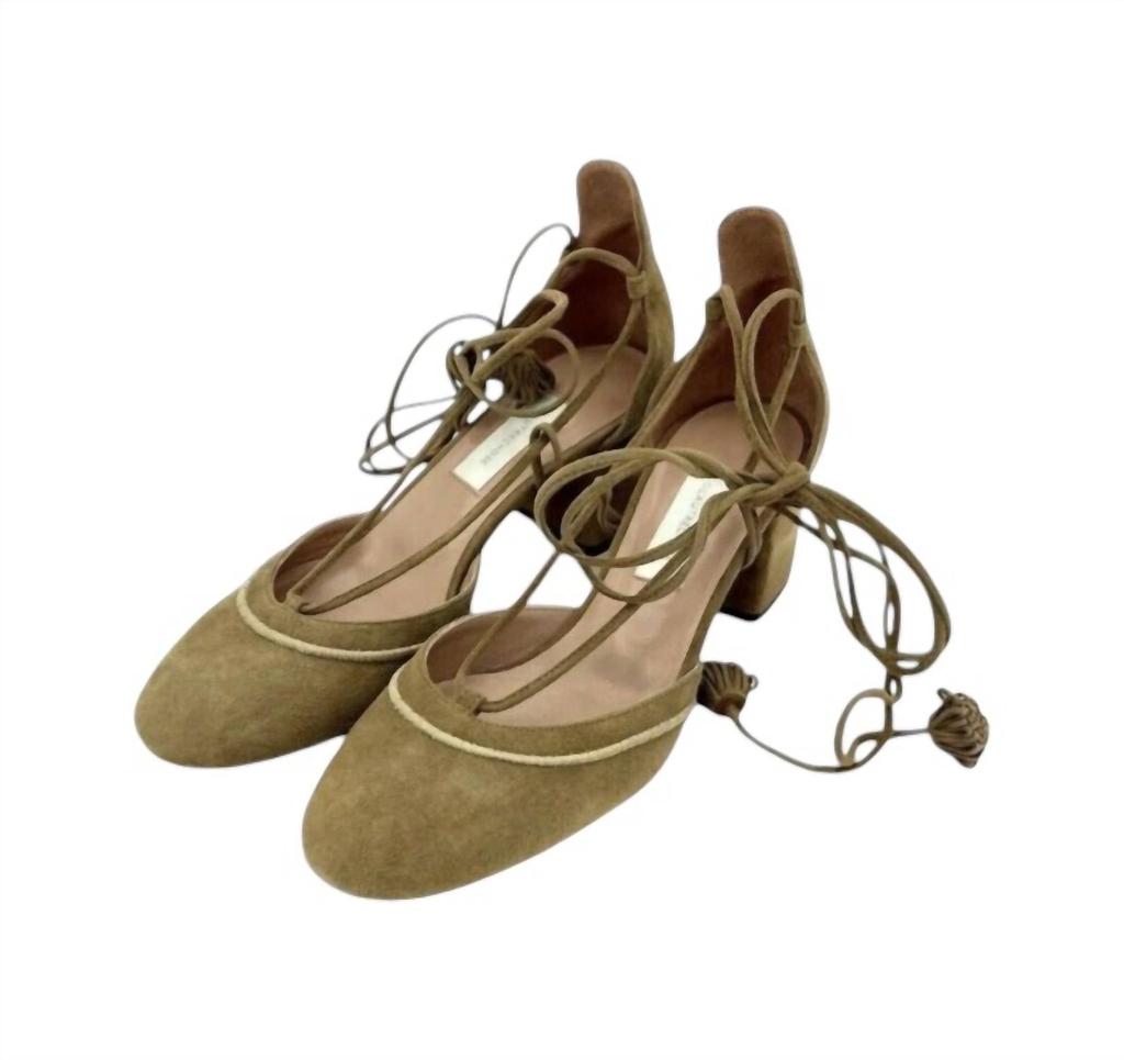 L'AUTRE CHOSE L'Autre Chose - Women's Camel Suede Leather Tasseled Ankle Wrap Heels