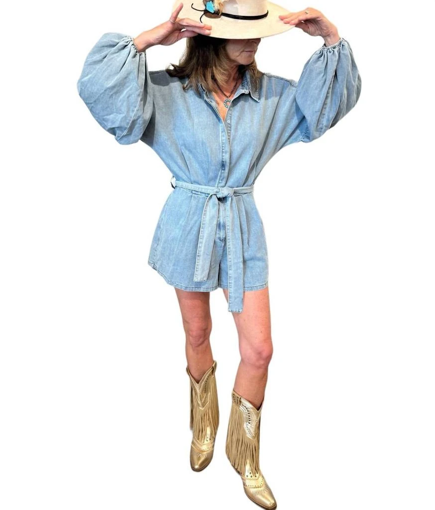 MABLE Balloon Sleeve Button Romper In Denim 2
