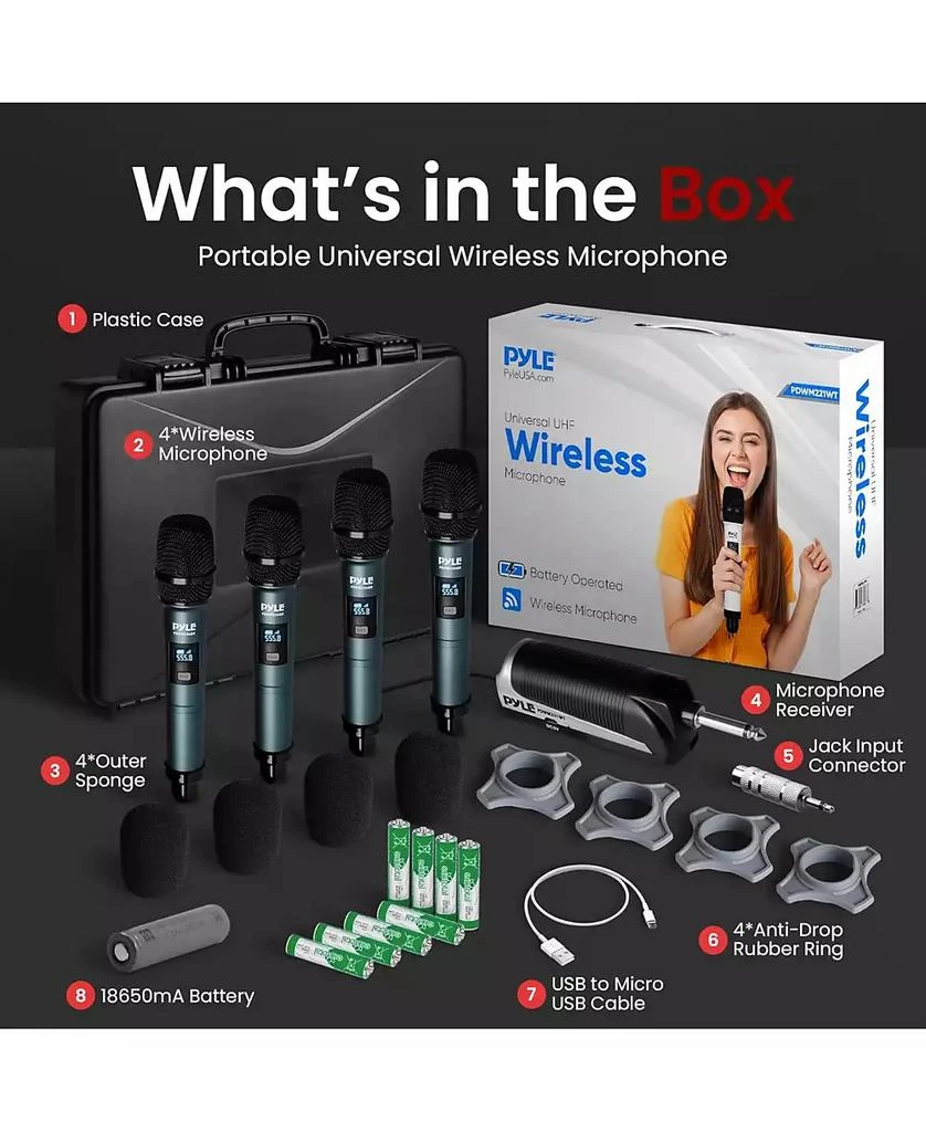 Pyle UHF Wireless Microphone System - 4 Handheld Mics, 4-Channel Receiver, Rack-Mountable, Green 2