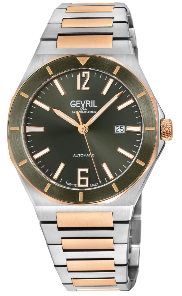 Gevril Gevril Men's High Line Automatic Watch Stainless Steel Case, Top ring in Green Sapphire Crystal, Two toned Stainless Steel IPRG  Bracelet