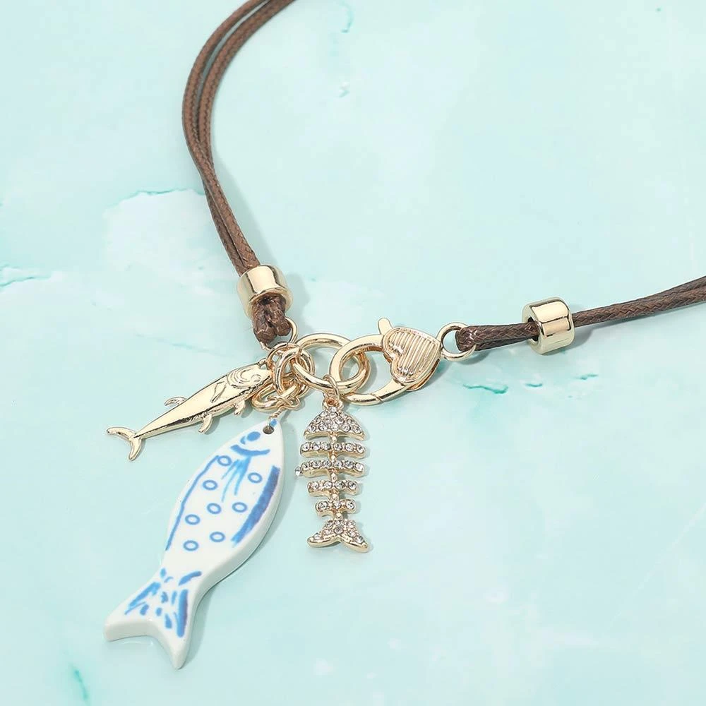 FASHNZFAB Ocean Fish Charms Layered Waxed Cord Necklace