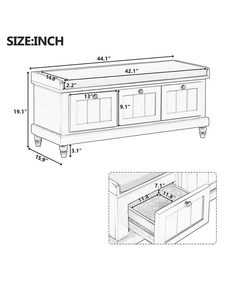 RAINSKEN Shoe Bench - Fluted Entryway Storage Bench with Cushion, 3 Drawers and Hidden Compartment for Hallway, Living Room 4