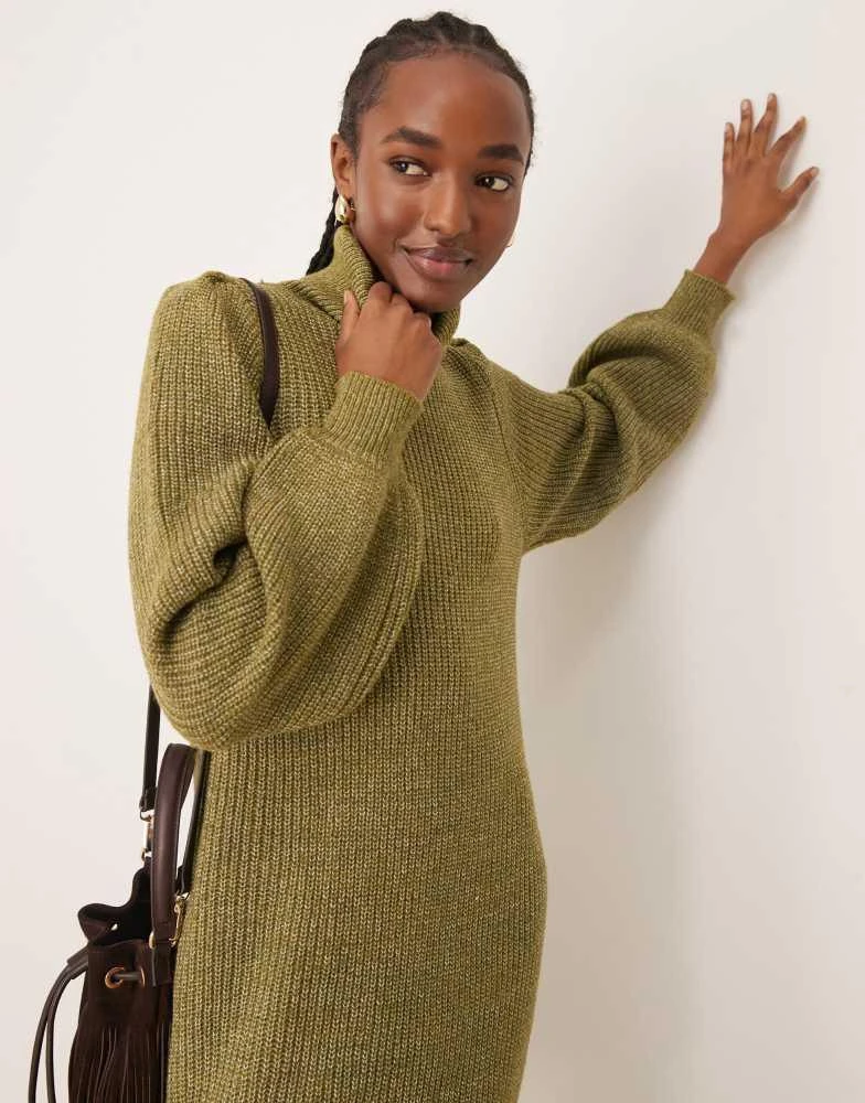 YAS YAS roll neck long sleeve knit dress in olive 1