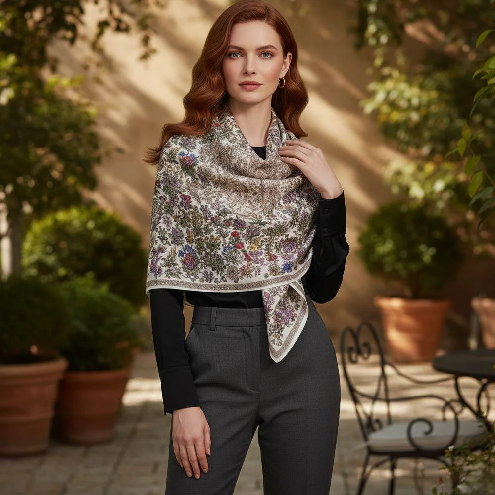 TRUEDAMES Vintage Botanical Printed Oblong Silky Satin Scarf Shawl