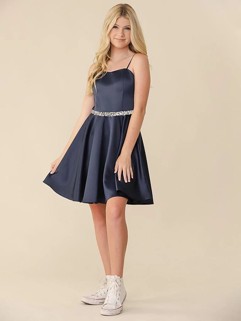 slim fit dress slacks Ellie Wilde EW36022 Satin Fit and Flare Dress with Plunging Neckline –  normansbridal main image 1