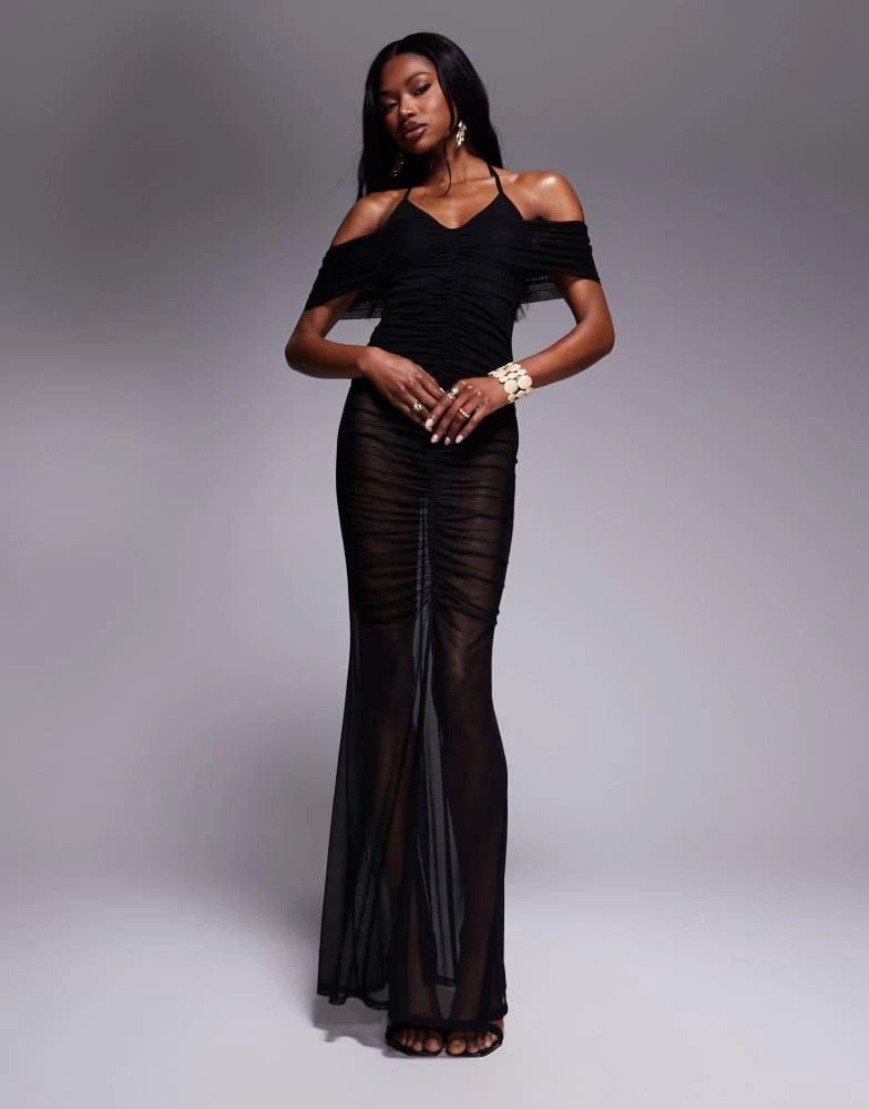 Shop ASOS DESIGN ruched sheer mesh halter maxi dress with bardot overlay in  black on Sale at BeyondStyle  Get 10% Off ASOS DESIGN ruched sheer mesh  halter maxi dress with bardot