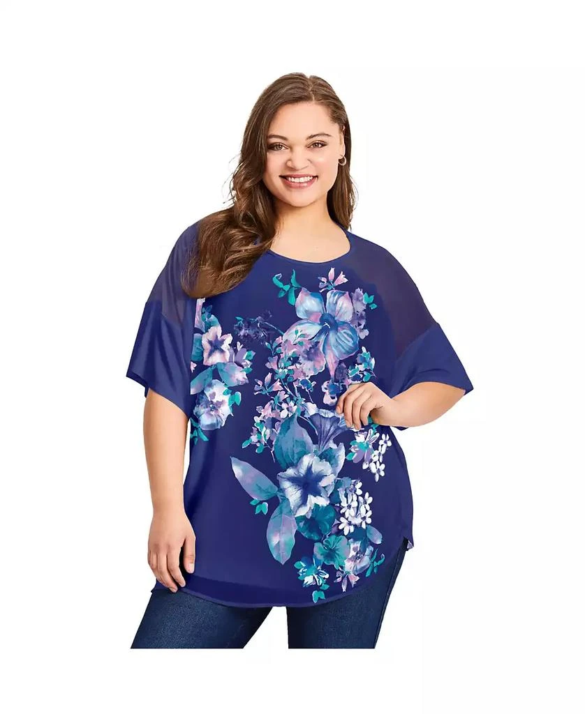 AVENUE Women
s Plus Size Mixed Media Floral Print Top