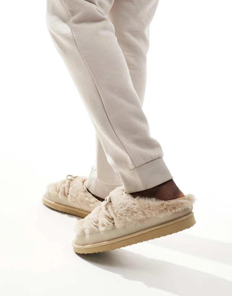ASOS ASOS DESIGN chunky slippers in cream faux fur with laces 4