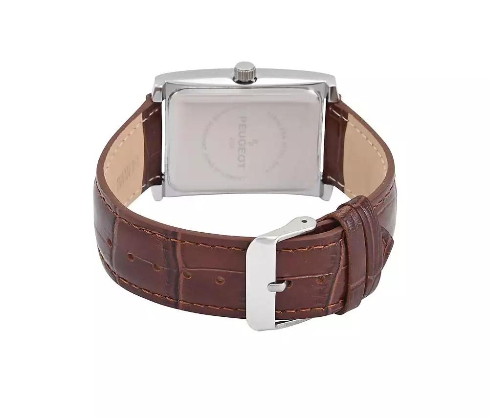Peugeot Men's 30X40mm Silver Tank Shape Watch with Textured Dial Brown Leather Strap