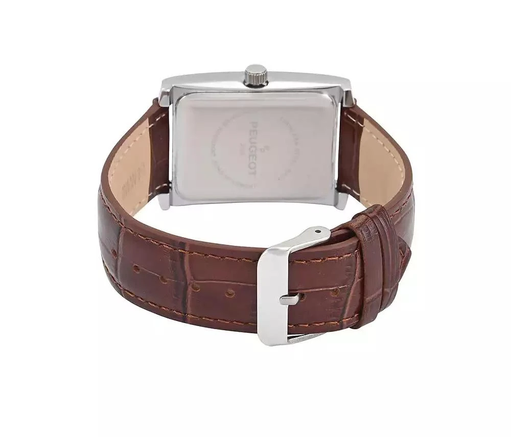 Peugeot Men's 30X40mm Silver Tank Shape Watch with Textured Dial Brown Leather Strap 2